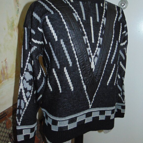 Vintage 80s Wayne Scott Sweater Men's Hand Knit Leather Black White Retro Large - Picture 3 of 10